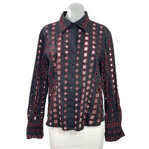 D&Y Women's Black Red Embroidered Open Long Sleeve Button Down Shirt Top Size L